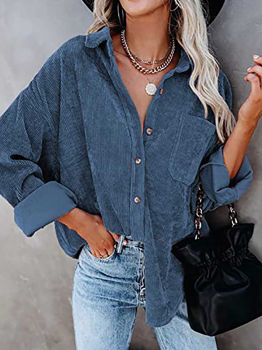 Veleaee Corduroy Lapel Button Down Shirt