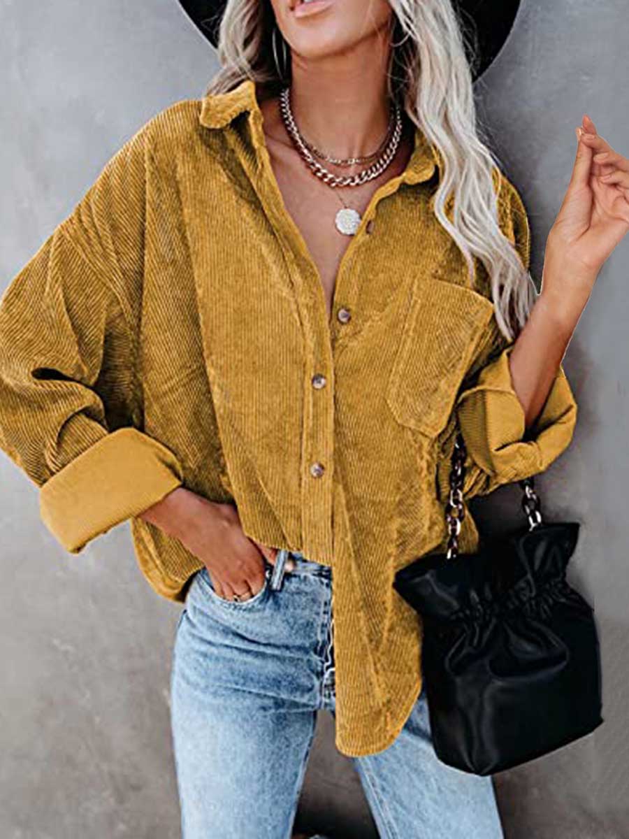Veleaee Corduroy Lapel Button Down Shirt