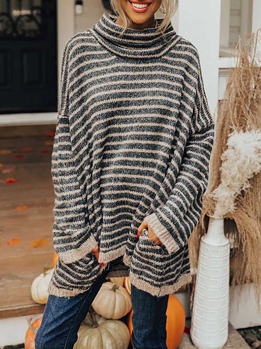 Veleaee Loose Pullover Striped Sweater Knit Sweater