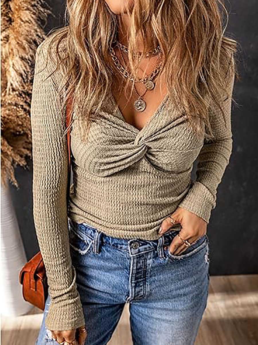 Veleaee Twisted V-Neck Sweater Knit Top