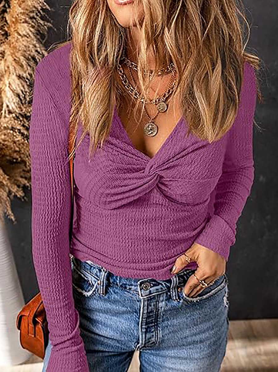 Veleaee Twisted V-Neck Sweater Knit Top