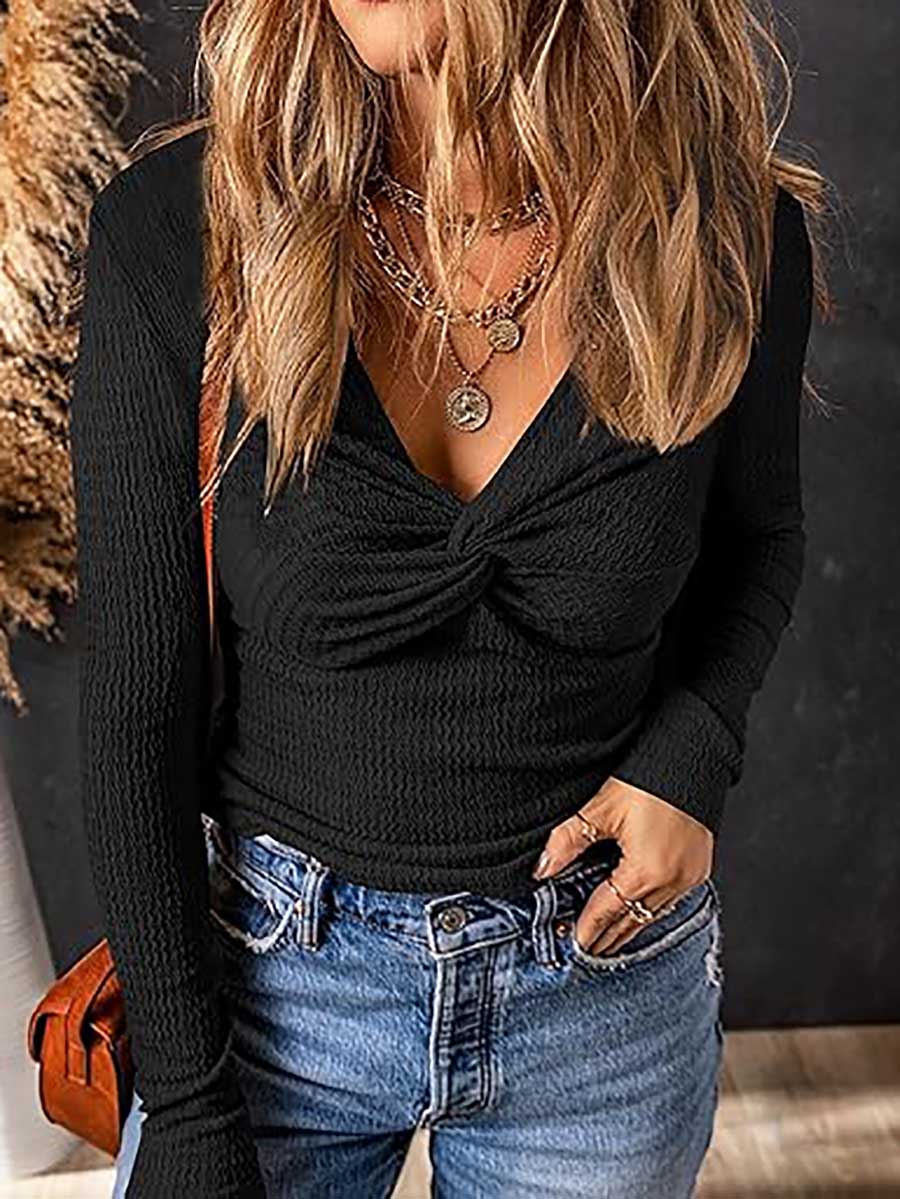 Veleaee Twisted V-Neck Sweater Knit Top