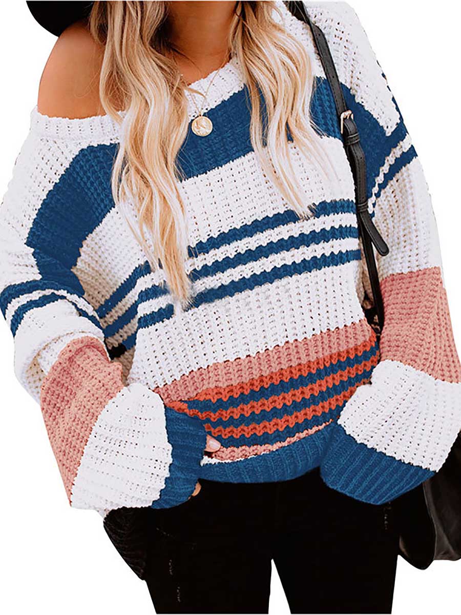 Veleaee Striped Patchwork Colorblock Crew Neck Sweater