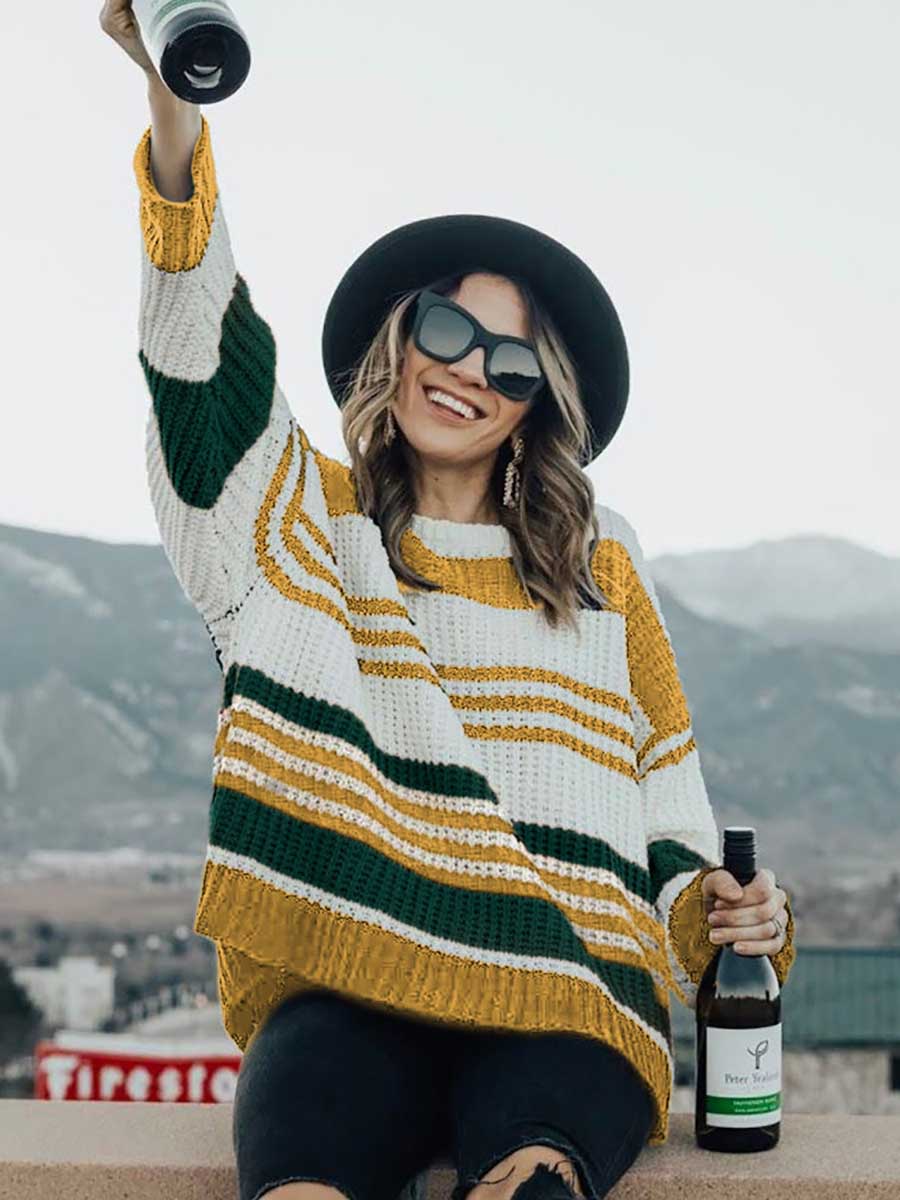 Veleaee Striped Patchwork Colorblock Crew Neck Sweater