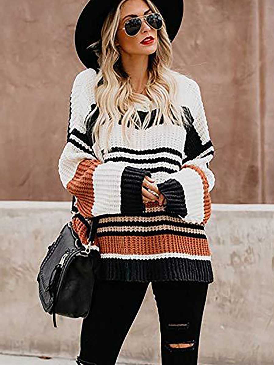 Veleaee Striped Patchwork Colorblock Crew Neck Sweater