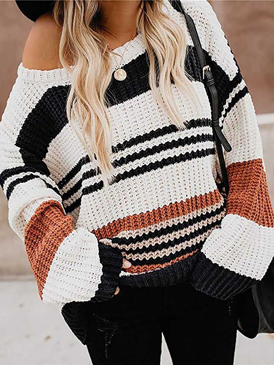 Veleaee Striped Patchwork Colorblock Crew Neck Sweater