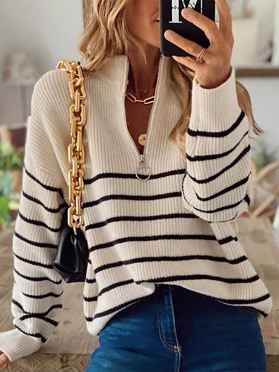 Veleaee Striped Colorblock Long Sleeve Knit Top