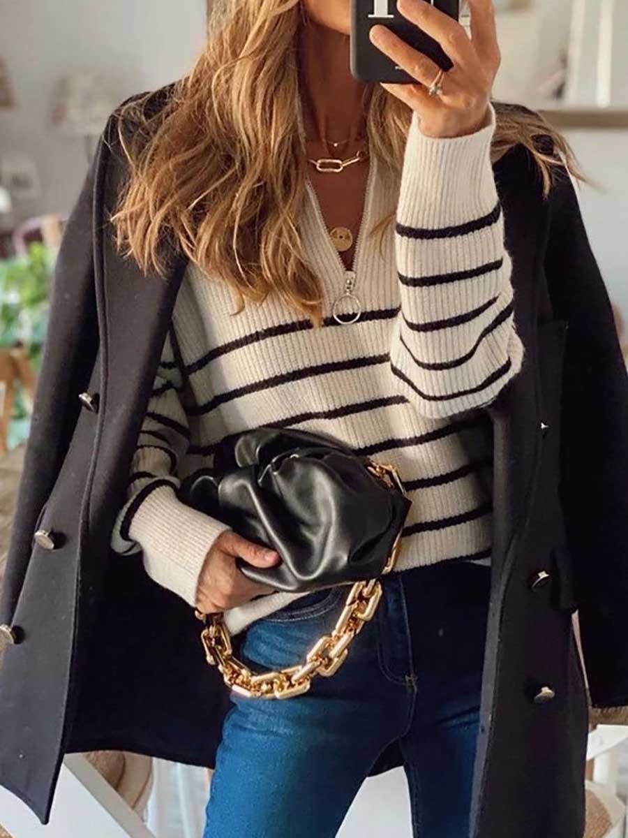 Veleaee Striped Colorblock Long Sleeve Knit Top