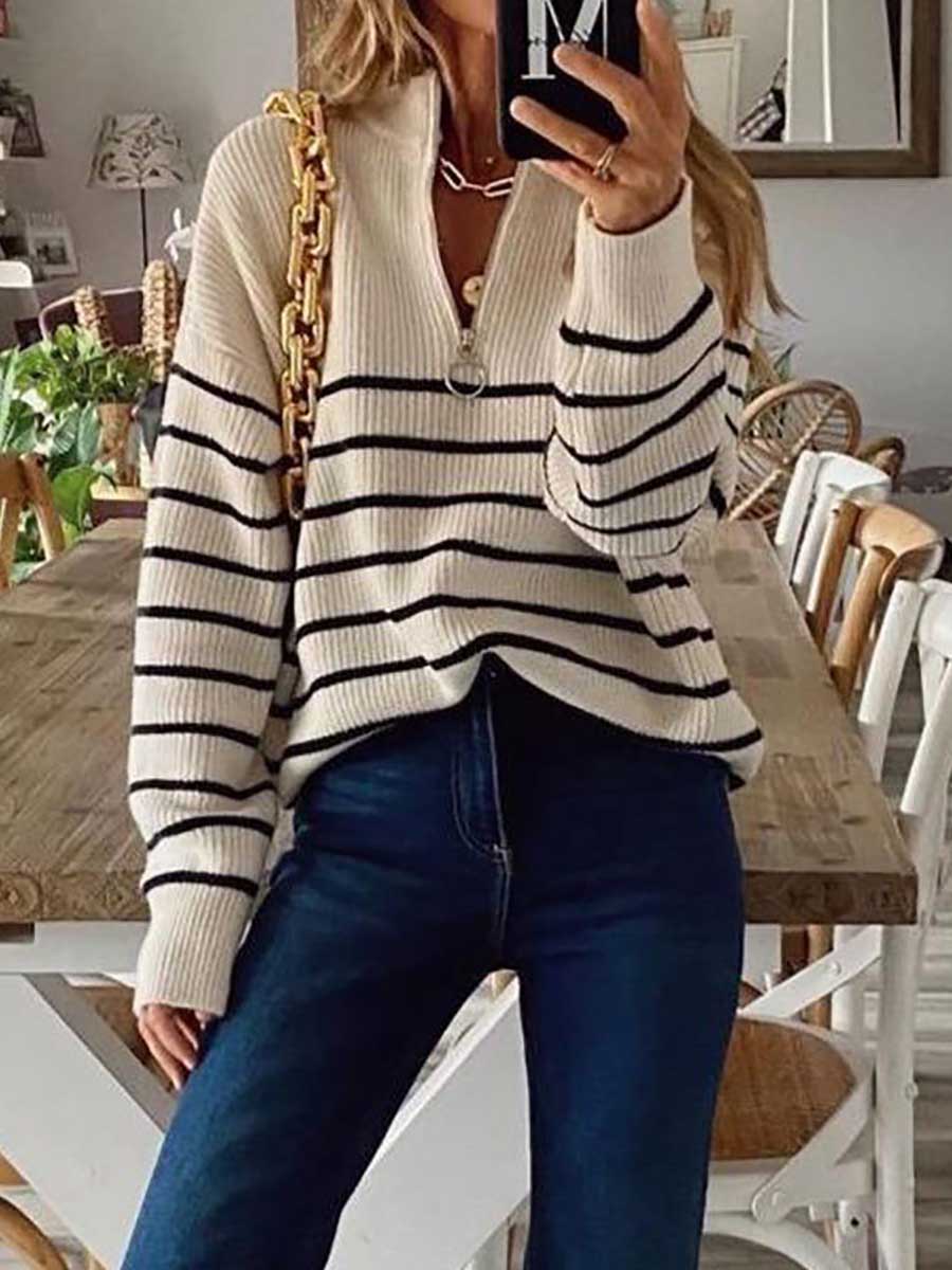 Veleaee Striped Colorblock Long Sleeve Knit Top