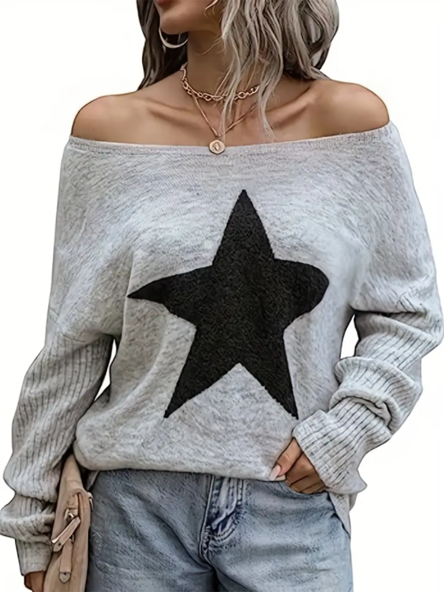Veleaee Star Pattern Crew Neck Pullover Sweater