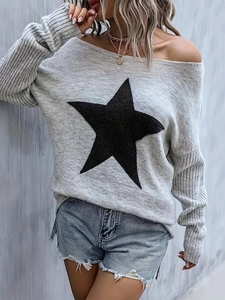 Veleaee Star Pattern Crew Neck Pullover Sweater