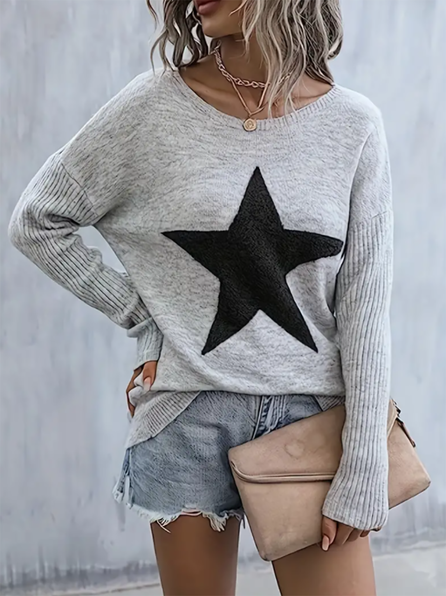 Veleaee Star Pattern Crew Neck Pullover Sweater