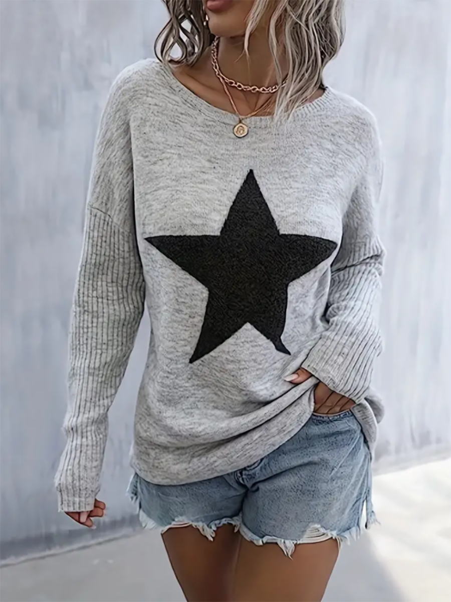 Veleaee Star Pattern Crew Neck Pullover Sweater