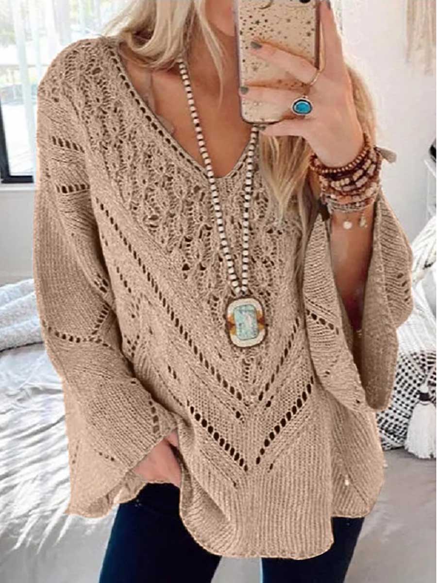Veleaee Loose Long Sleeve Cutout V-Neck Sweater