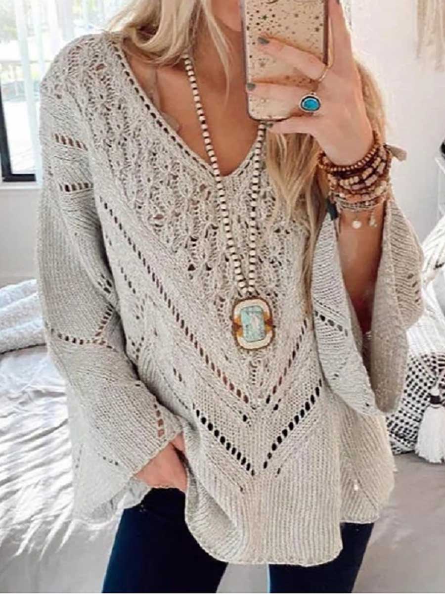 Veleaee Loose Long Sleeve Cutout V-Neck Sweater