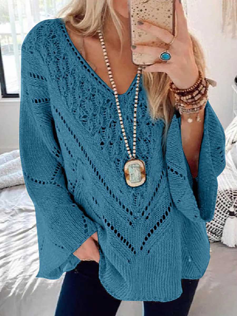Veleaee Loose Long Sleeve Cutout V-Neck Sweater