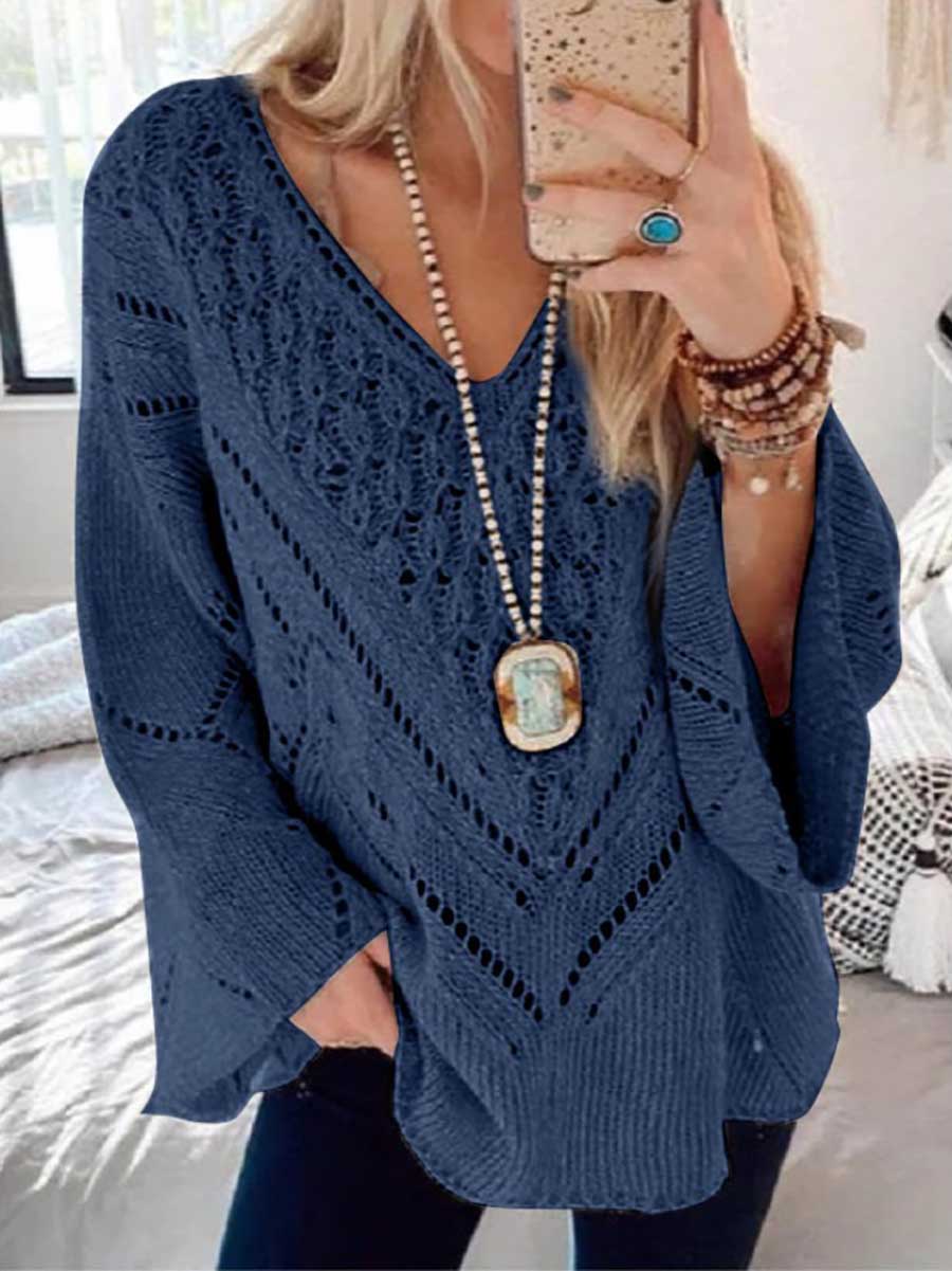 Veleaee Loose Long Sleeve Cutout V-Neck Sweater
