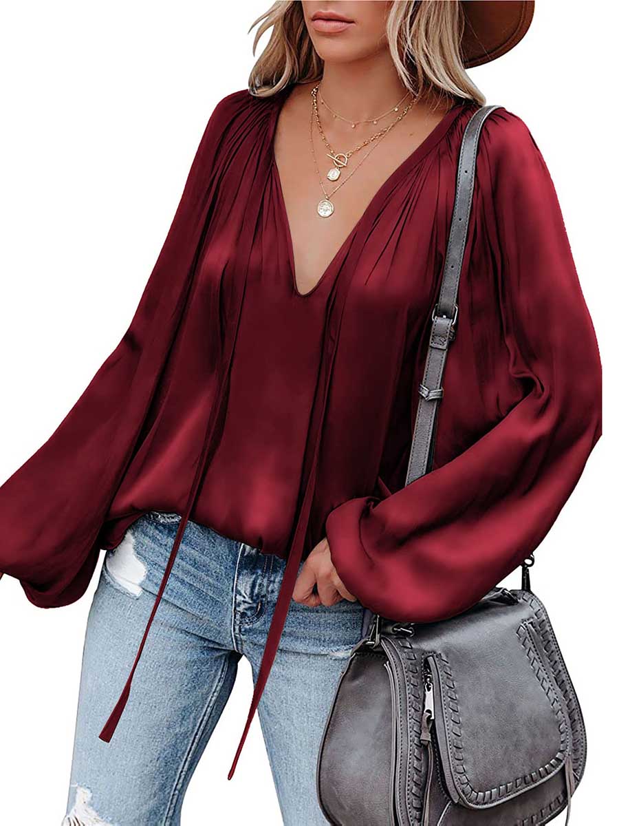 Veleaee Satin Lantern Sleeve V-Neck Tie Top