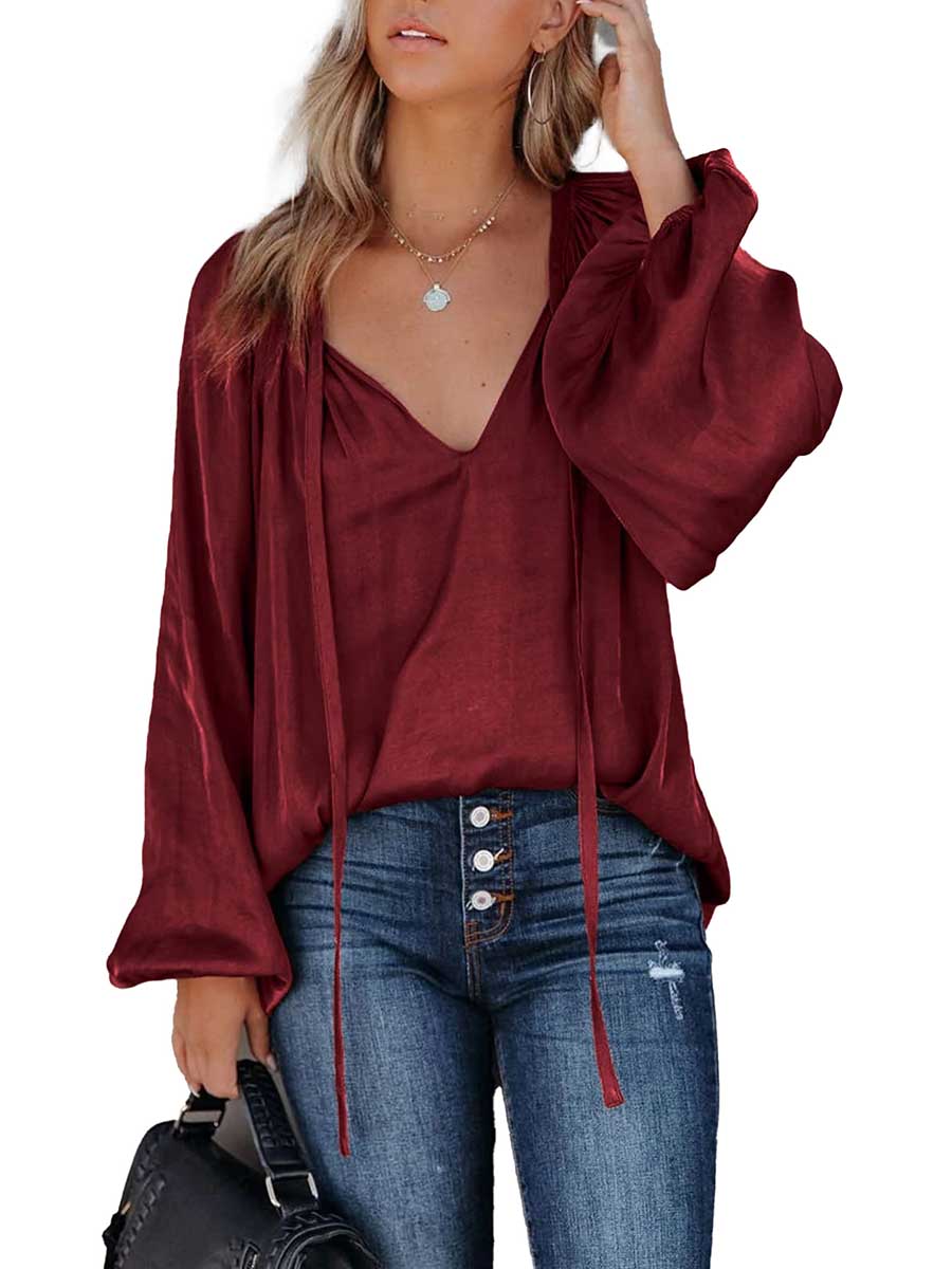 Veleaee Satin Lantern Sleeve V-Neck Tie Top