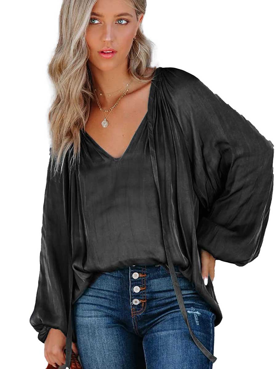 Veleaee Satin Lantern Sleeve V-Neck Tie Top
