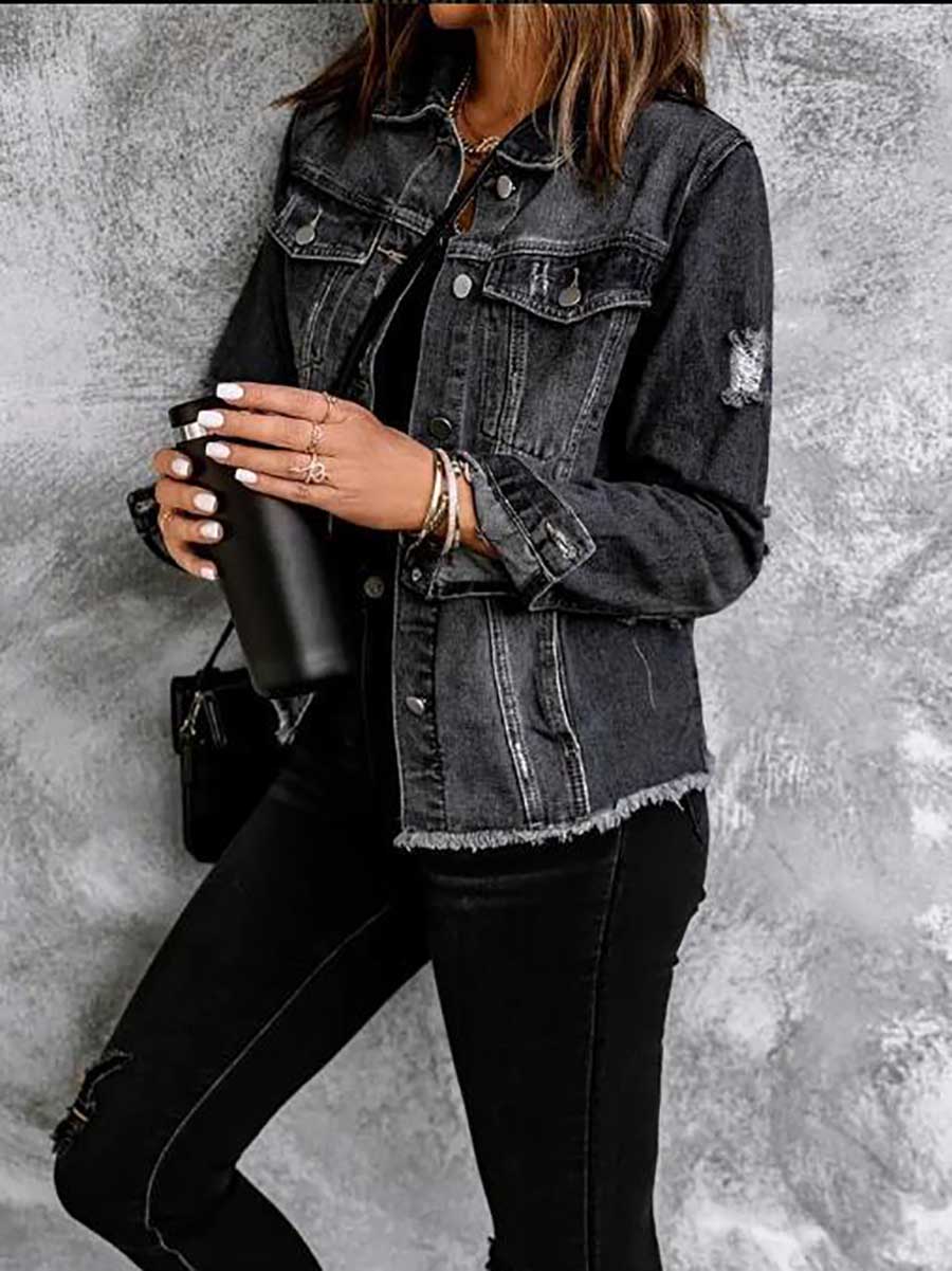 Veleaee Ripped Denim Long Sleeve Shirt