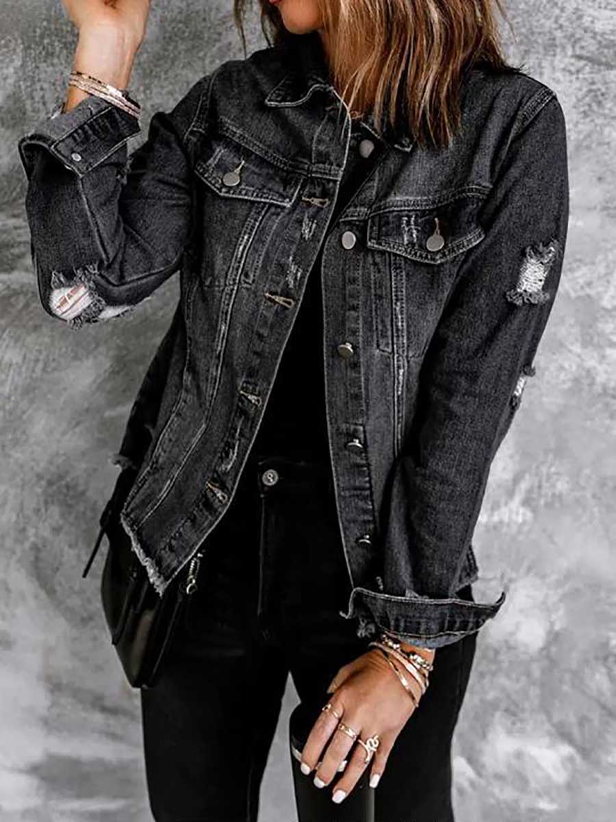 Veleaee Ripped Denim Long Sleeve Shirt