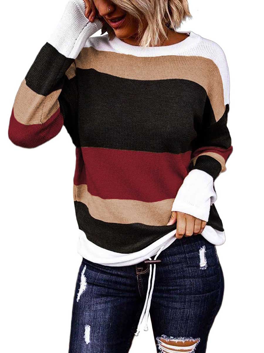 Veleaee Drawstring Sweater Crew Neck Striped Pullover