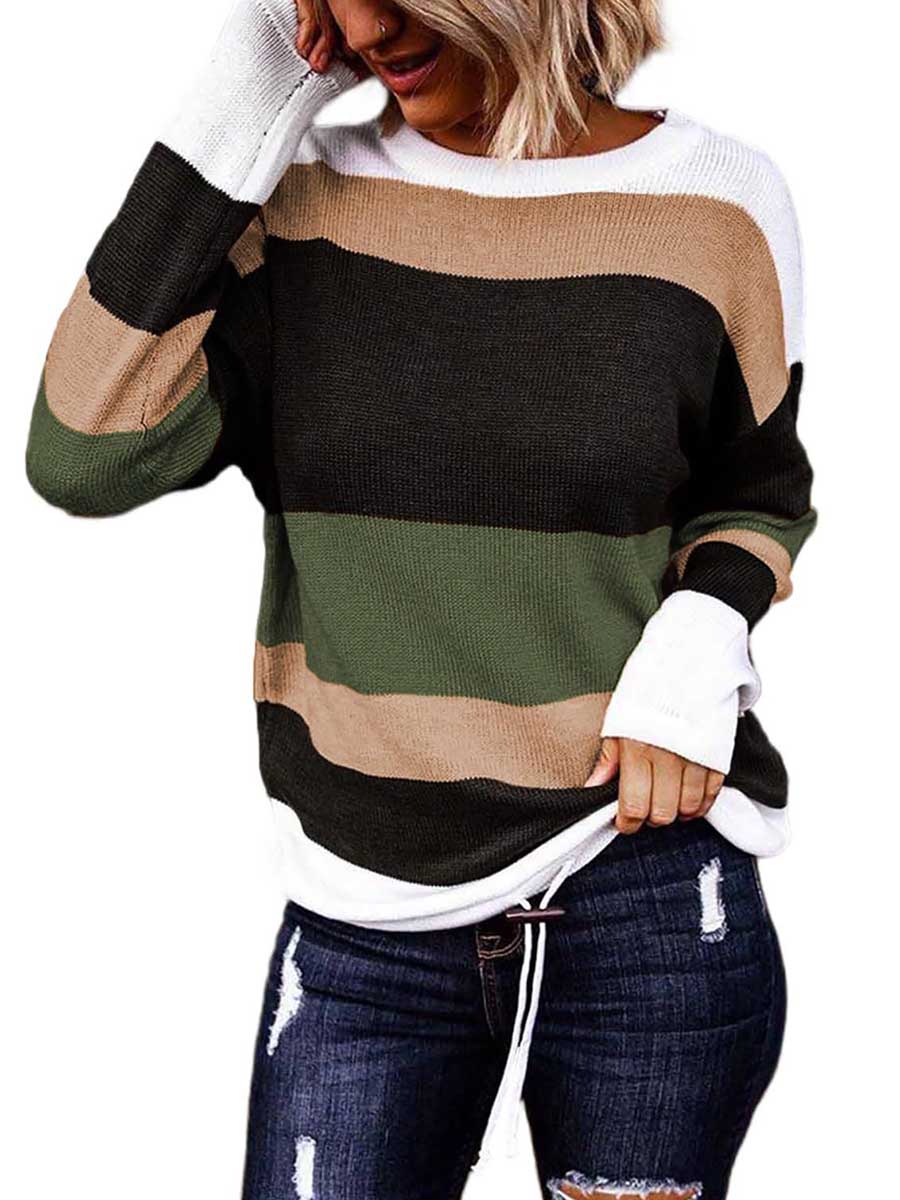 Veleaee Drawstring Sweater Crew Neck Striped Pullover