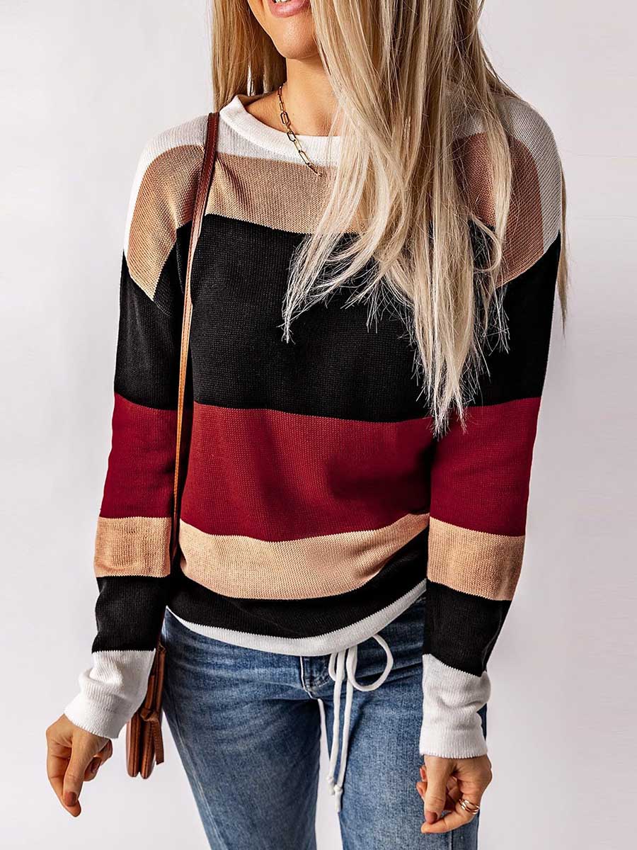 Veleaee Drawstring Sweater Crew Neck Striped Pullover