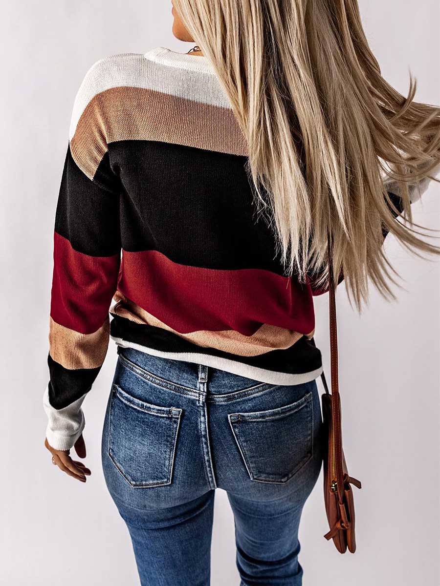 Veleaee Drawstring Sweater Crew Neck Striped Pullover