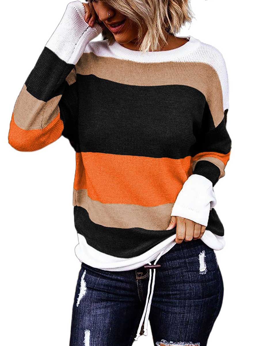 Veleaee Drawstring Sweater Crew Neck Striped Pullover