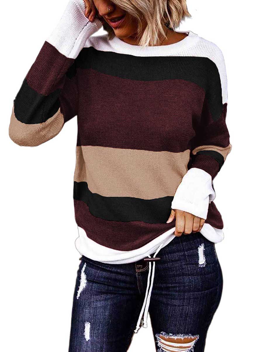 Veleaee Drawstring Sweater Crew Neck Striped Pullover