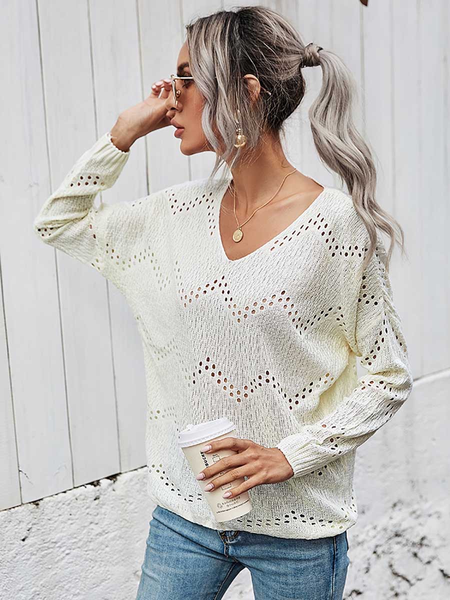 Veleaee Cutout V-neck Knit Loose Sweater