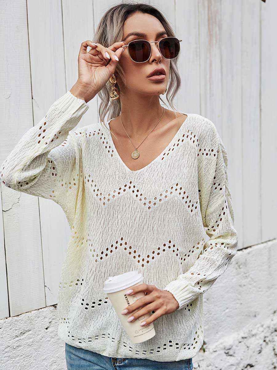 Veleaee Cutout V-neck Knit Loose Sweater