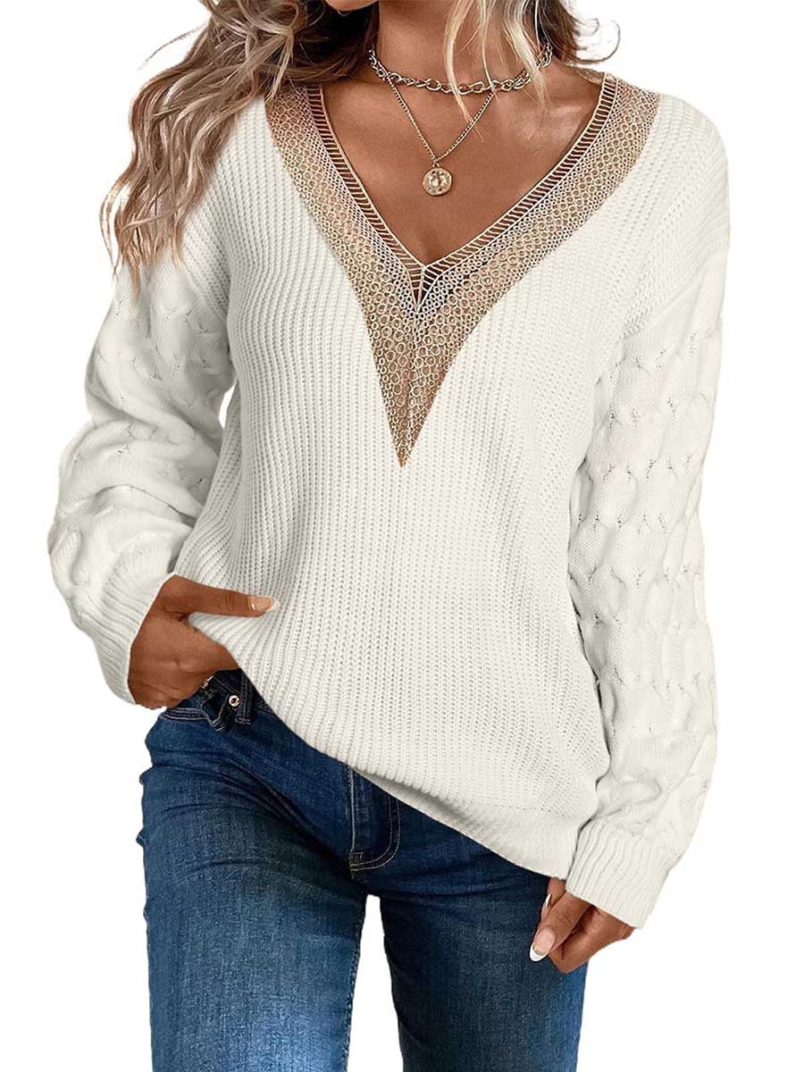 Veleaee Sexy Lace V-Neck Drop Shoulder Sweater
