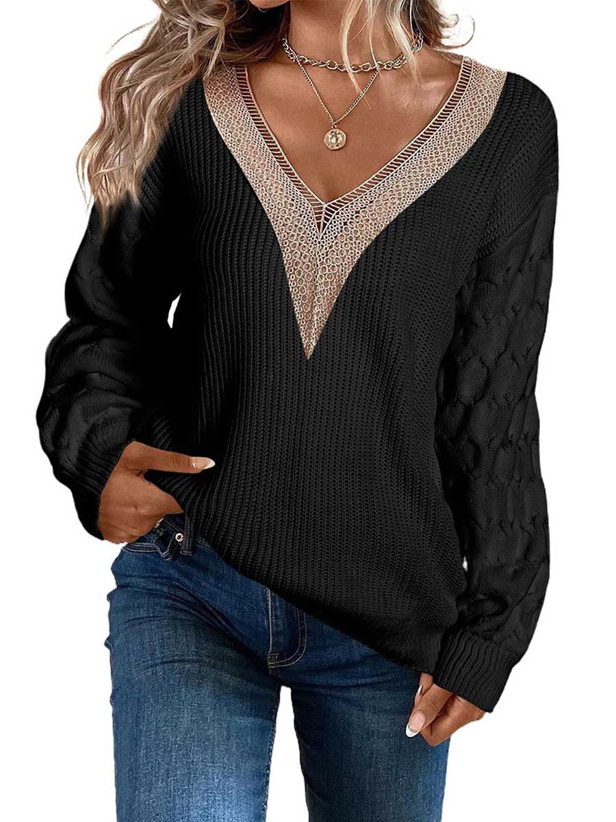 Veleaee Sexy Lace V-Neck Drop Shoulder Sweater