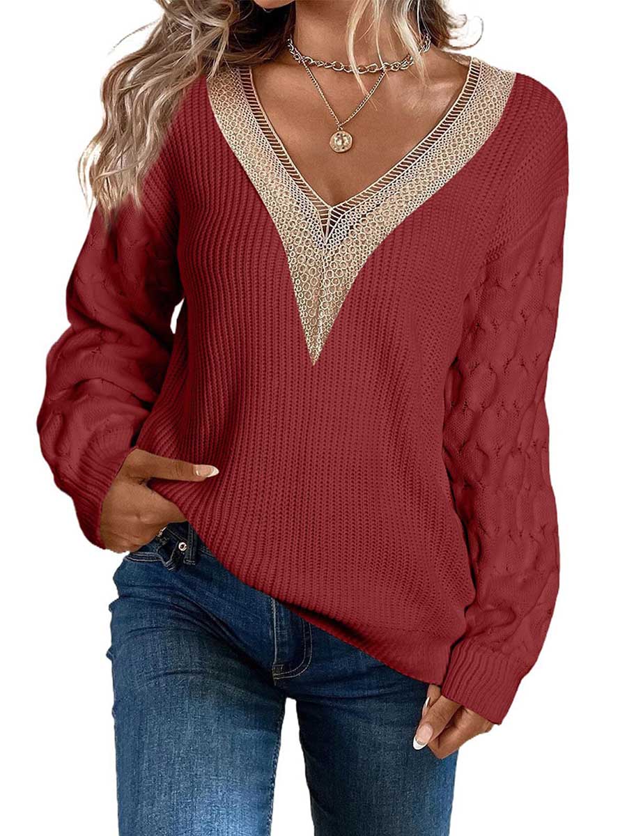 Veleaee Sexy Lace V-Neck Drop Shoulder Sweater