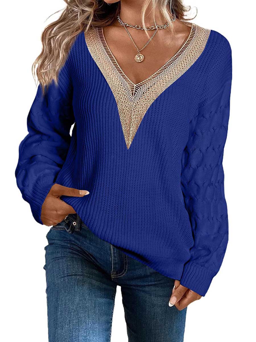 Veleaee Sexy Lace V-Neck Drop Shoulder Sweater
