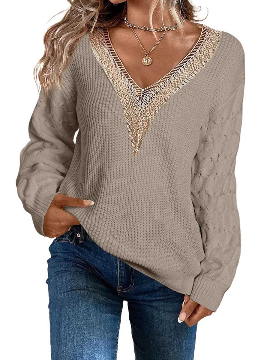 Veleaee Sexy Lace V-Neck Drop Shoulder Sweater