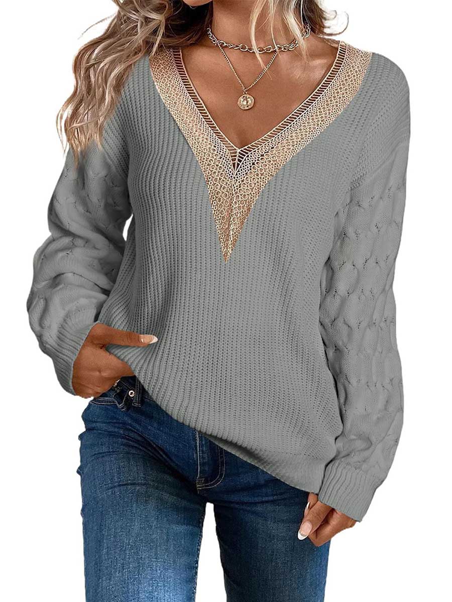 Veleaee Sexy Lace V-Neck Drop Shoulder Sweater