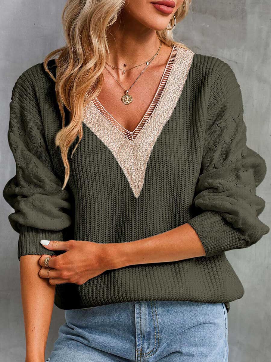 Veleaee Sexy Lace V-Neck Drop Shoulder Sweater