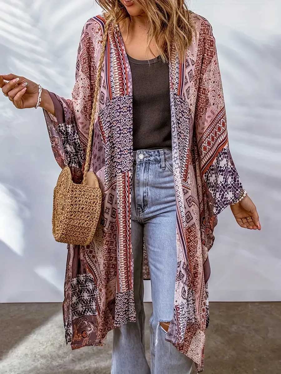 Veleaee Plus Size Printed Bat Sleeve Cardigan
