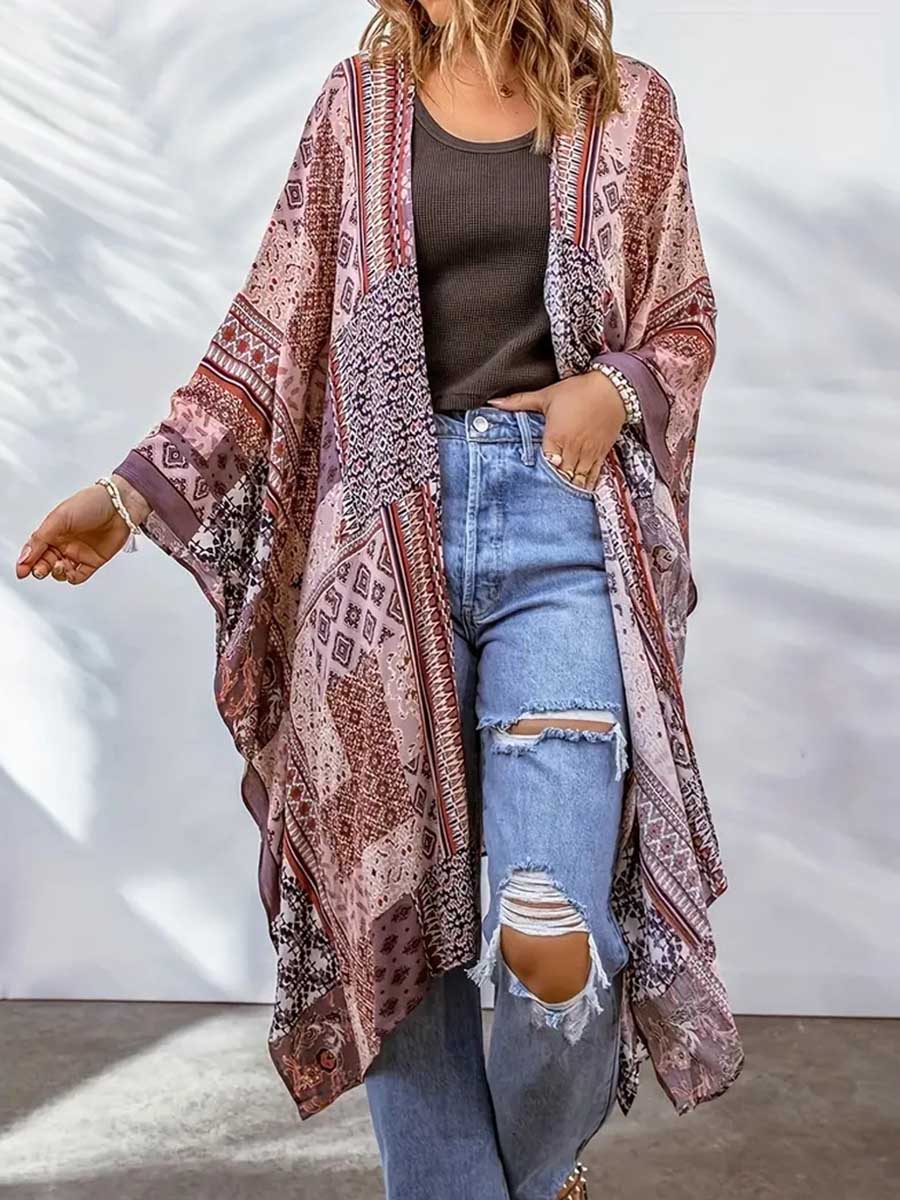 Veleaee Plus Size Printed Bat Sleeve Cardigan