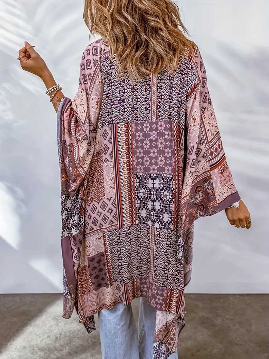 Veleaee Plus Size Printed Bat Sleeve Cardigan