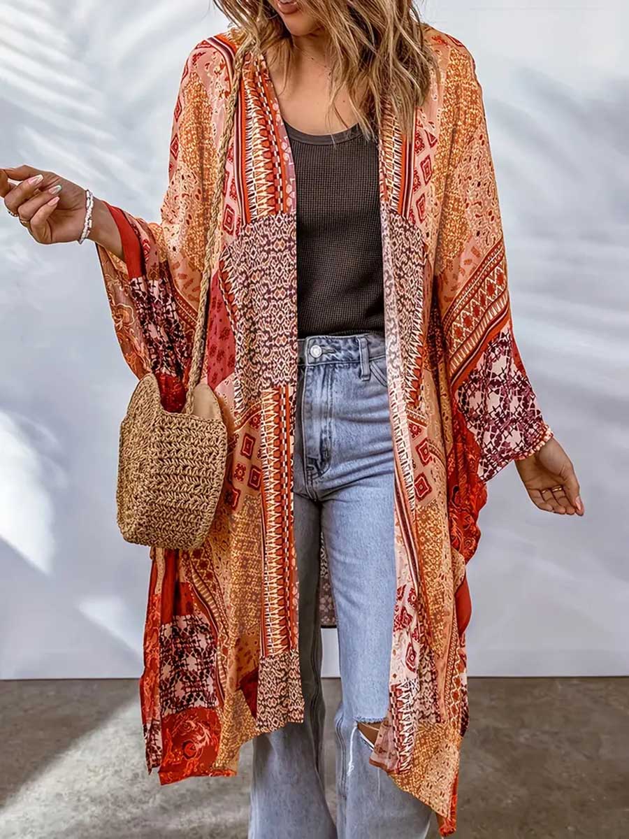 Veleaee Plus Size Printed Bat Sleeve Cardigan