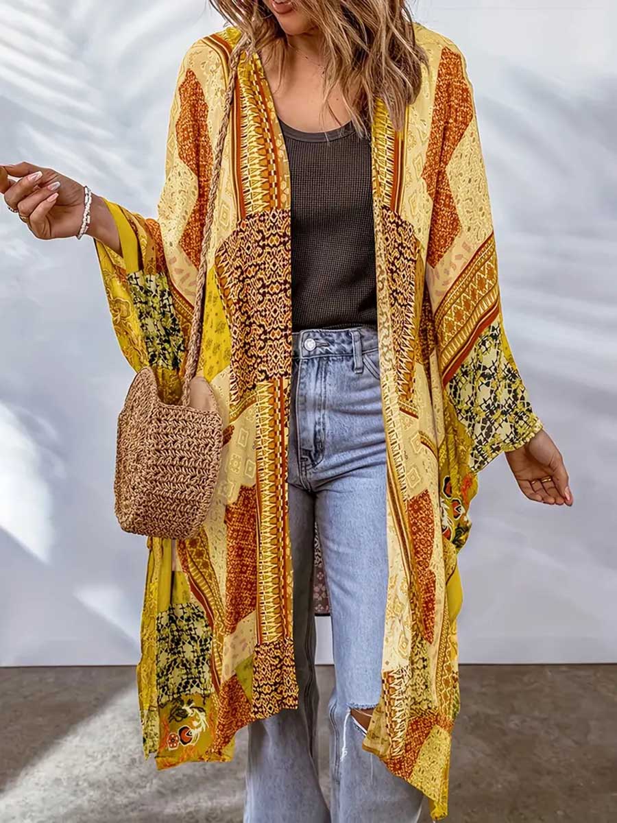 Veleaee Plus Size Printed Bat Sleeve Cardigan