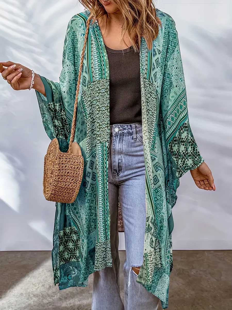 Veleaee Plus Size Printed Bat Sleeve Cardigan