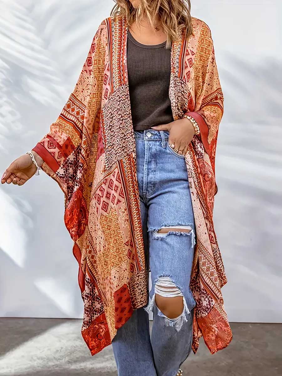 Veleaee Plus Size Printed Bat Sleeve Cardigan