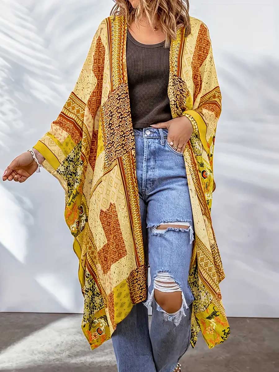 Veleaee Plus Size Printed Bat Sleeve Cardigan