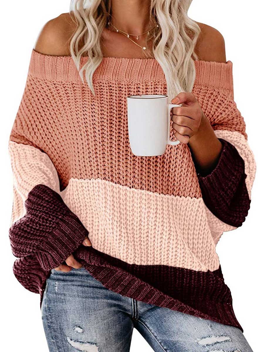 Veleaee One-line Collar Loose Patchwork Color Sweater